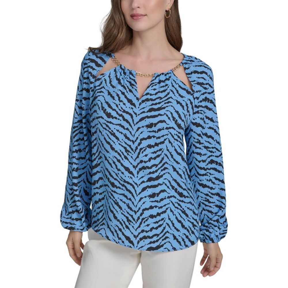 Halston Womens Printed Chain Neck Blouse, Blue